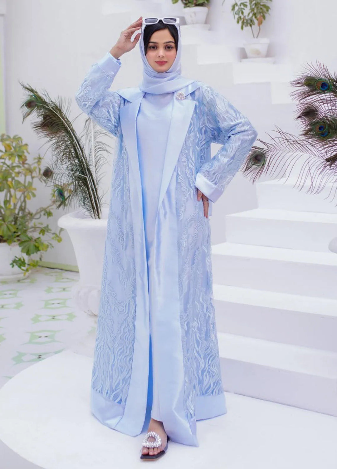 La Khilaba Pret Embroidered Polyester Net Abaya Blue Luxe