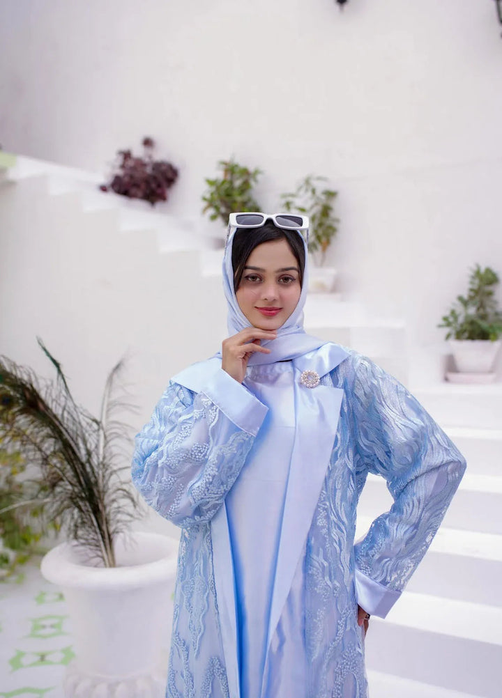 La Khilaba Pret Embroidered Polyester Net Abaya Blue Luxe