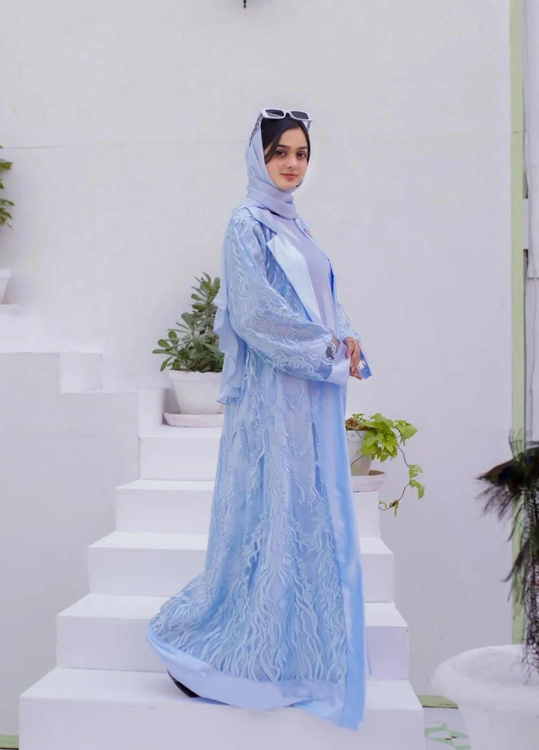 La Khilaba Pret Embroidered Polyester Net Abaya Blue Luxe