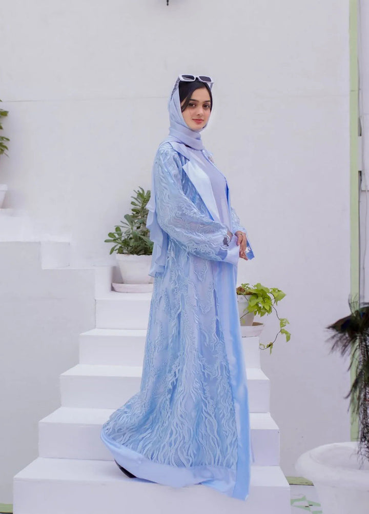 La Khilaba Pret Embroidered Polyester Net Abaya Blue Luxe