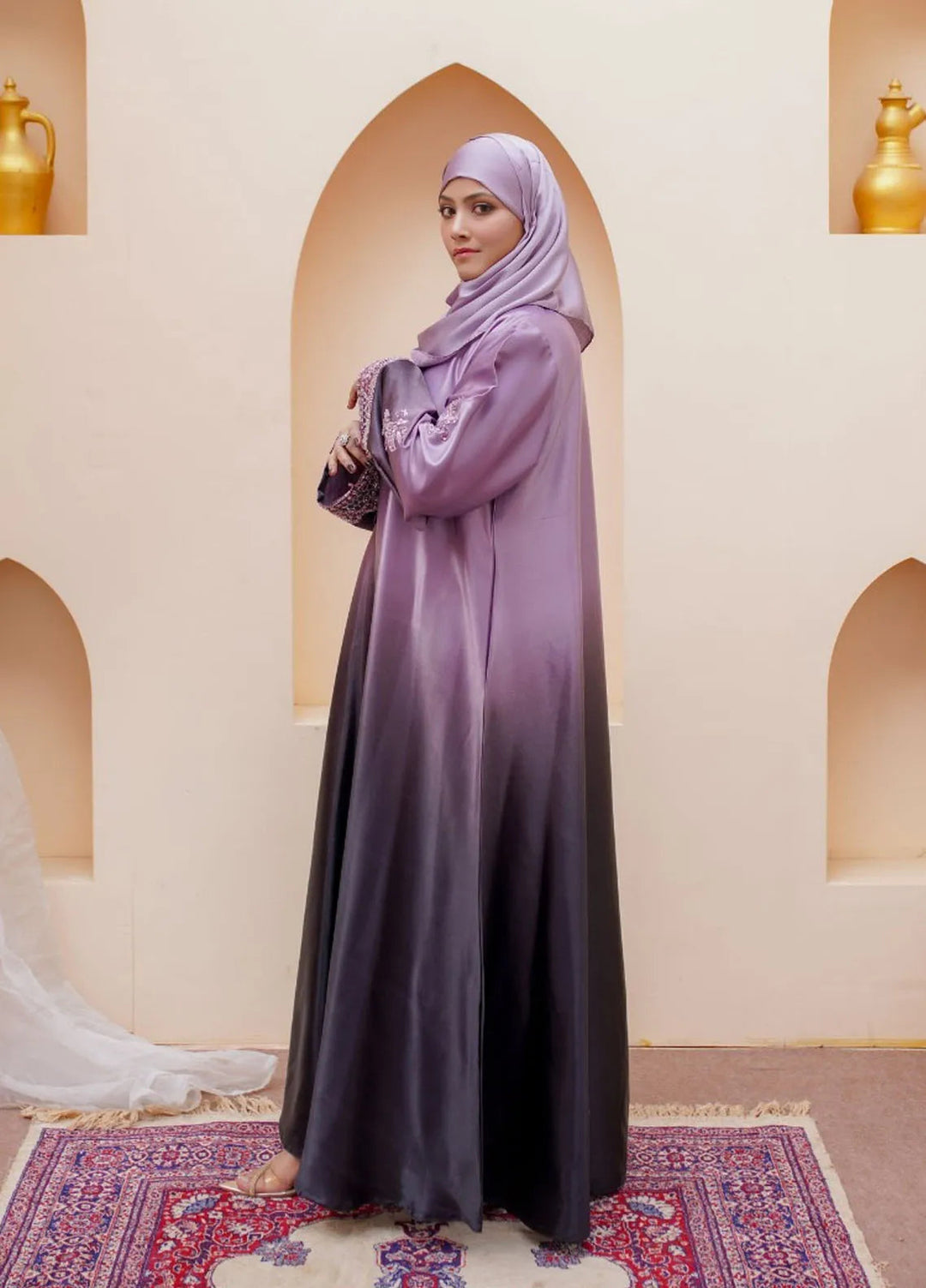 La Khilaba Pret Embroidered Satin Abaya Lavender Gleam