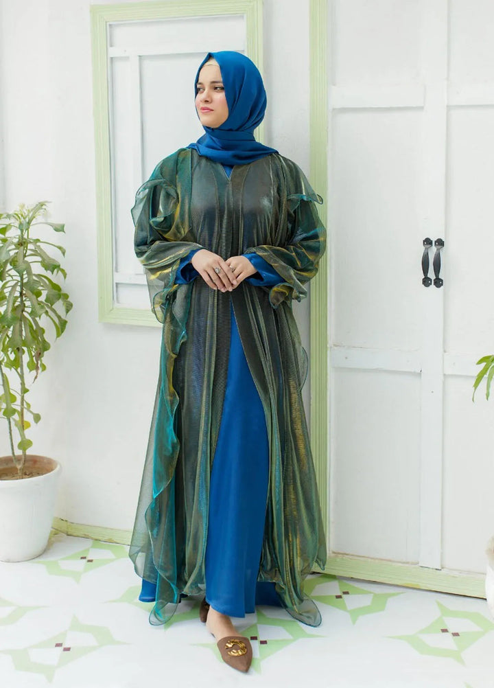 La Khilaba Pret Plain Frilled Polyester Abaya Peacock Shine