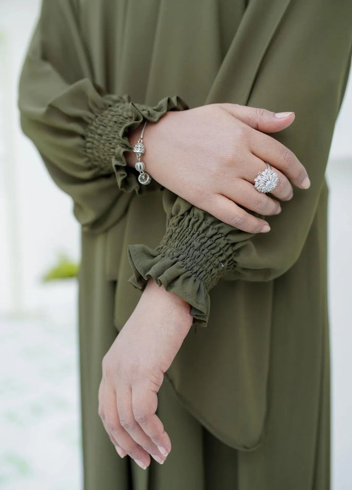 La Khilaba Pret Plain Georgette Olive Open Abaya