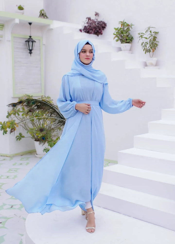 La Khilaba Pret Plain Georgette Sky Open Abaya