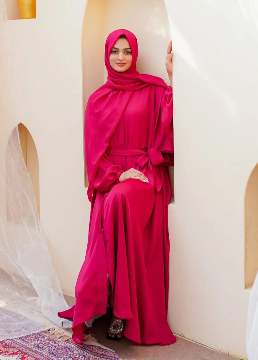 La Khilaba Pret Plain Nida Fabric Abaya Pink Flared