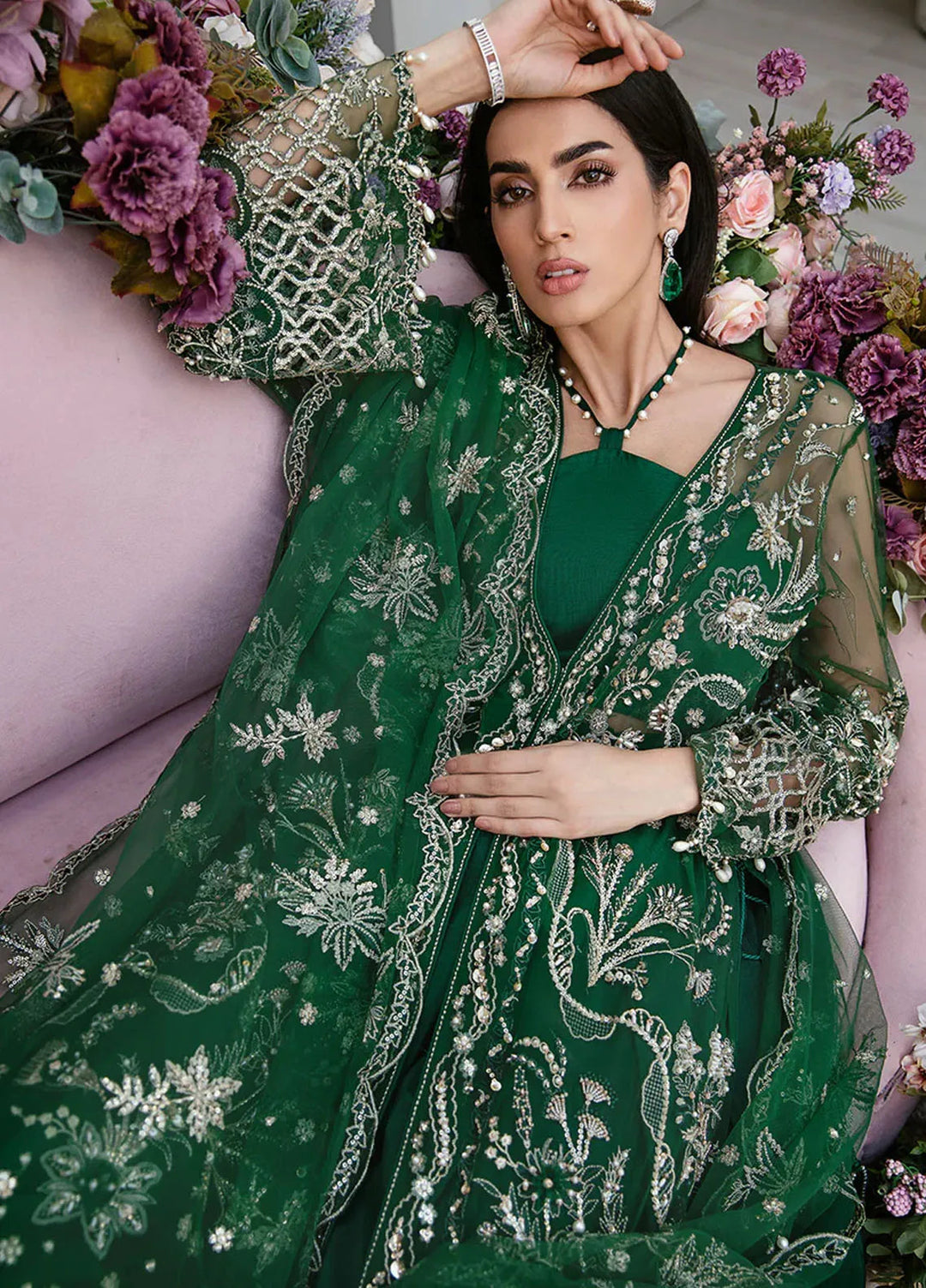 La more By Sardinia Embroidered Net Unstitched Suit 3 Piece SRD23LM SR-105 Exotic Emerald - Wedding Collection