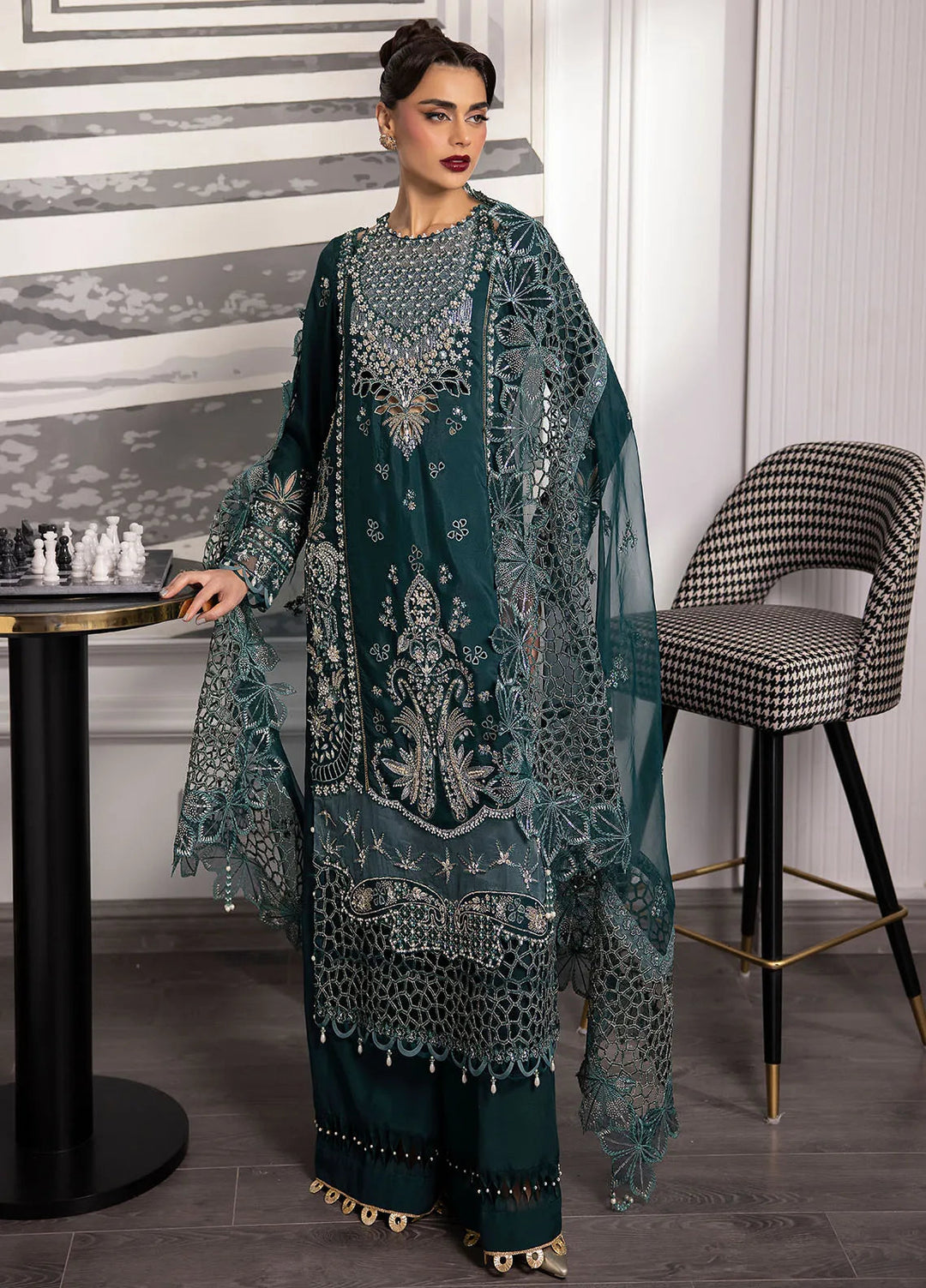 La more By Sardinia Embroidered Raw Silk Suit Unstitched 3 Piece SRD24LM 702 Emerald Night - Formal Collection