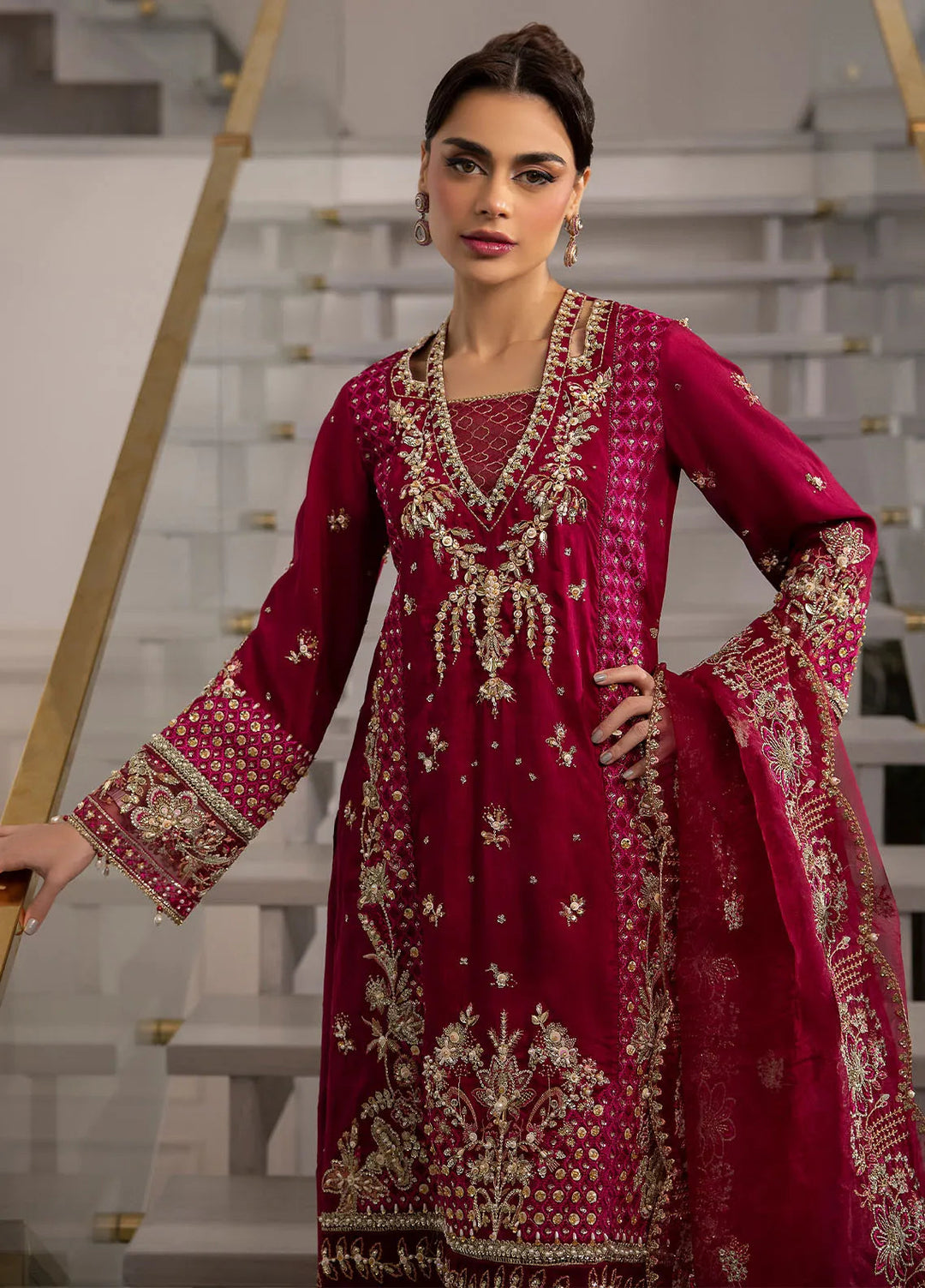 La more By Sardinia Embroidered Raw Silk Suit Unstitched 3 Piece SRD24LM 708 Scarlet Dream - Formal Collection