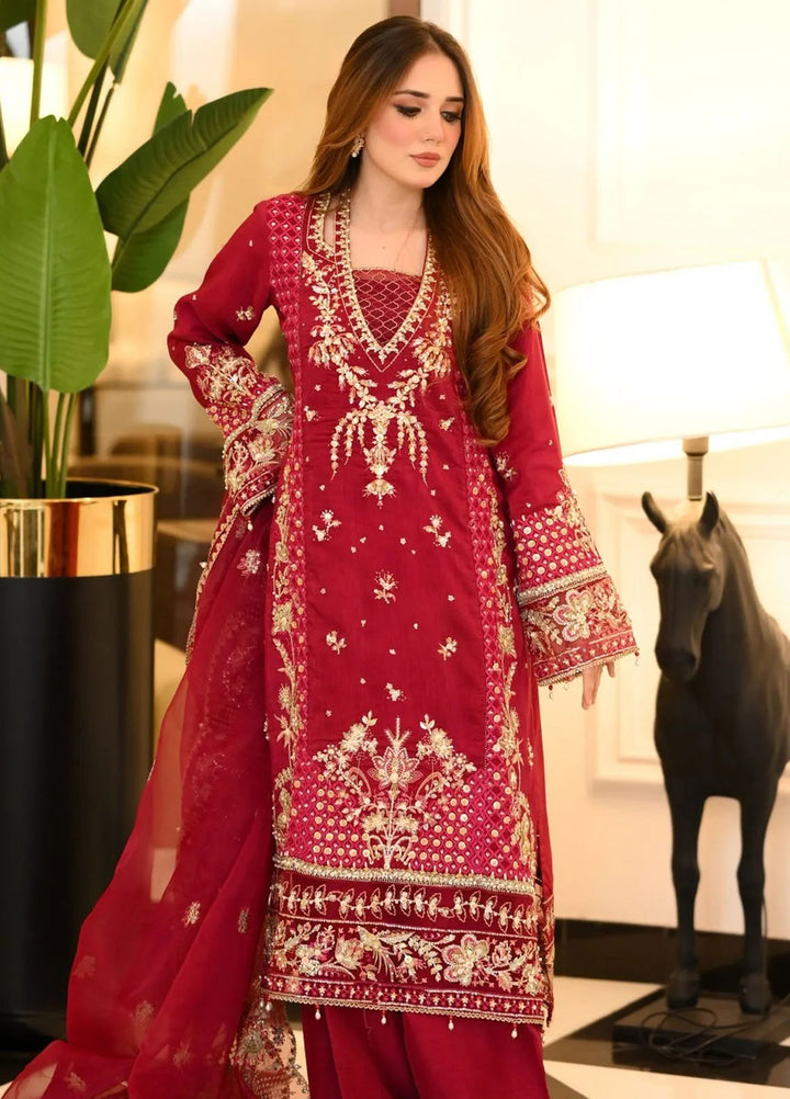 La more By Sardinia Embroidered Raw Silk Suit Unstitched 3 Piece SRD24LM 708 Scarlet Dream - Formal Collection