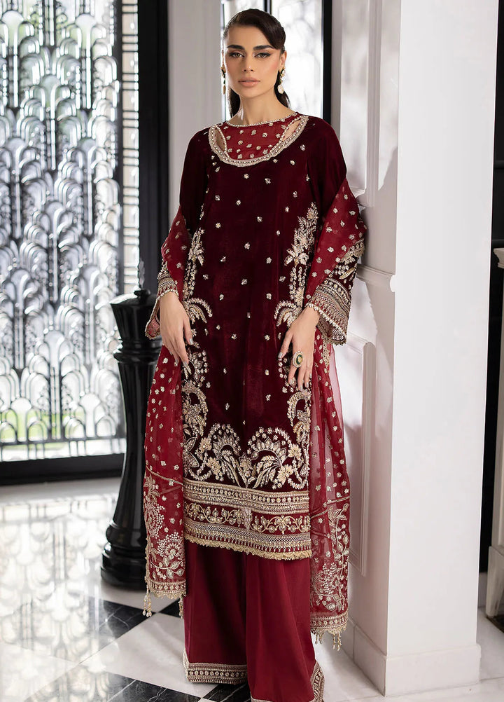 La more By Sardinia Embroidered Velvet Suit Unstitched 3 Piece SRD24LM 703 Maron Muse - Formal Collection