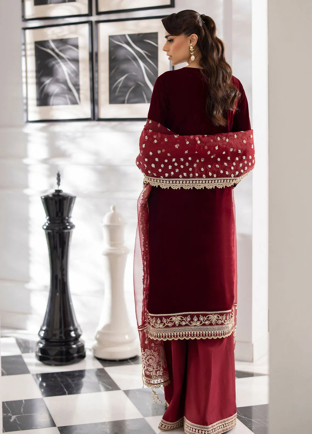 La more By Sardinia Embroidered Velvet Suit Unstitched 3 Piece SRD24LM 703 Maron Muse - Formal Collection