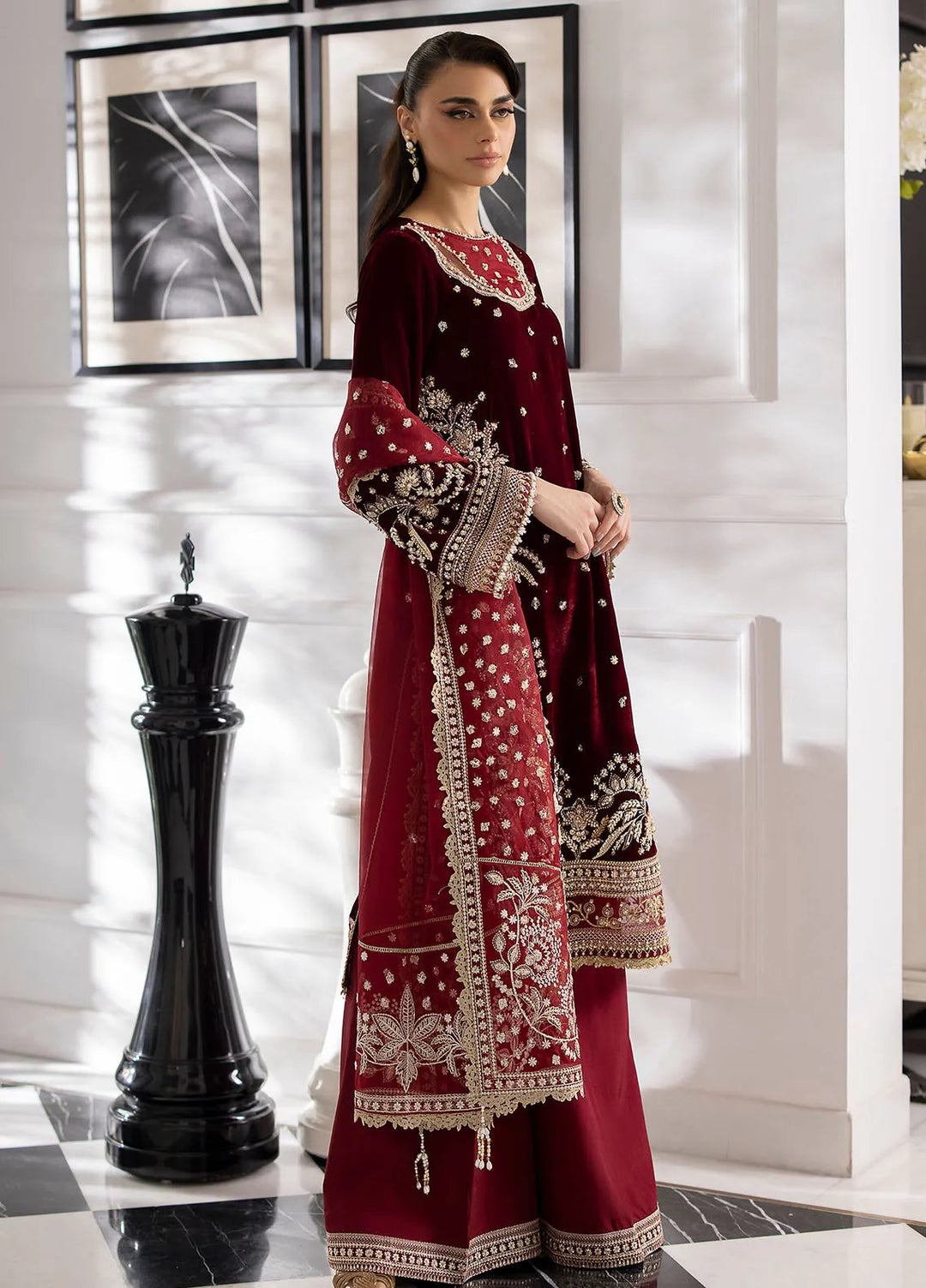 La more By Sardinia Embroidered Velvet Suit Unstitched 3 Piece SRD24LM 703 Maron Muse - Formal Collection