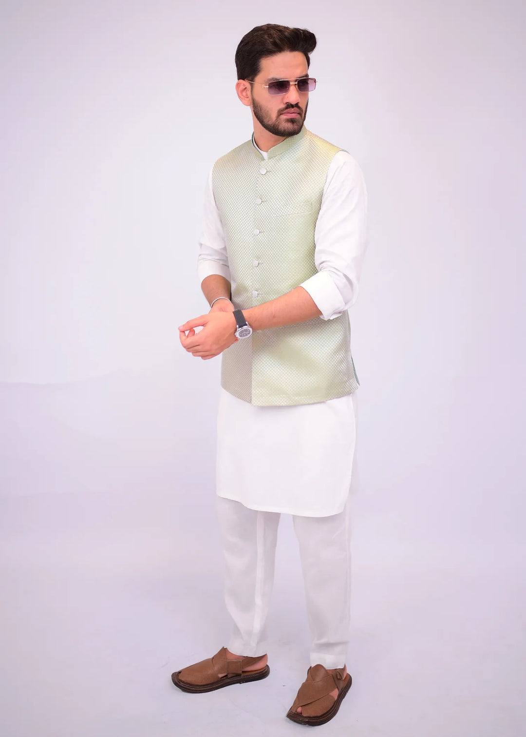 Pastel Green Jamawar Embossed Waistcoat