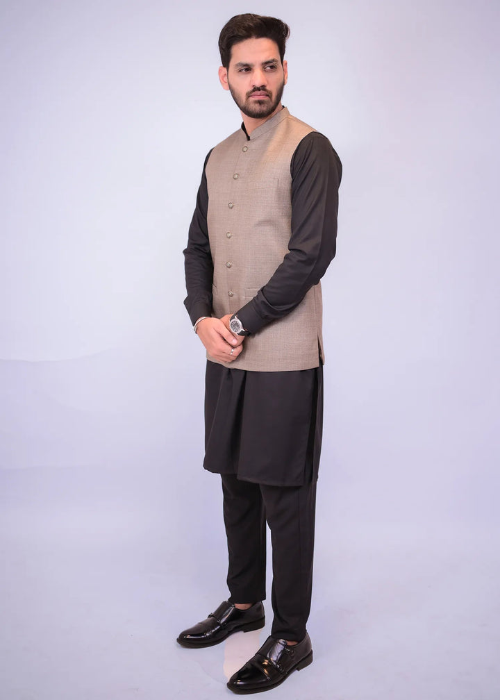 Brown Textured Suiting Fancy Buttons Waistcoat
