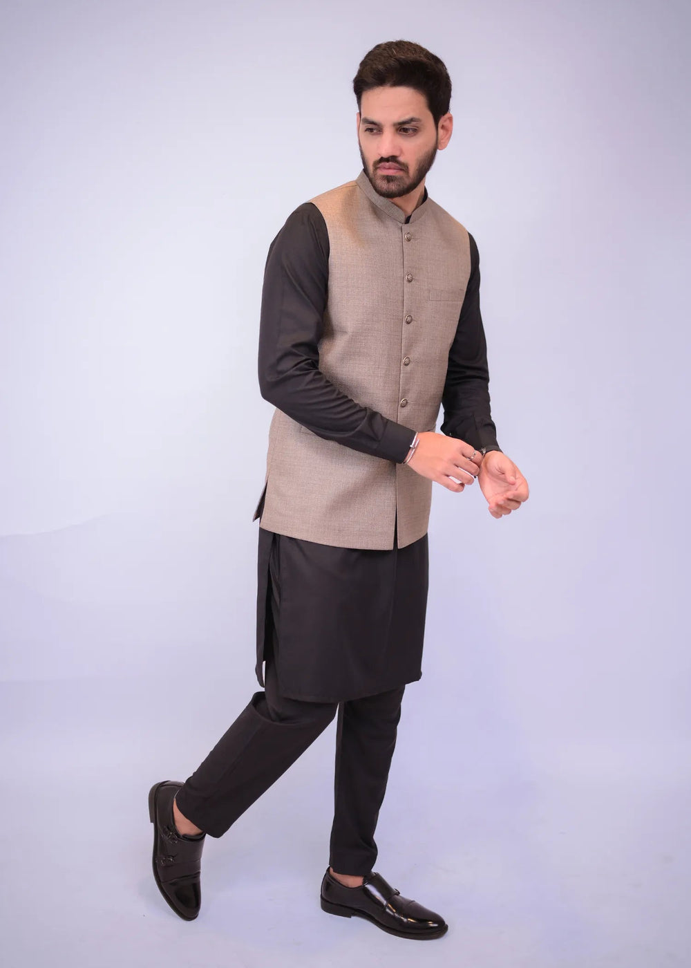 Brown Textured Suiting Fancy Buttons Waistcoat