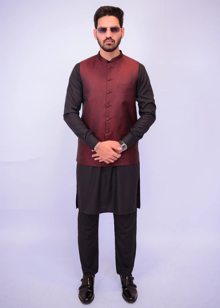 Maroon Jamawar Waistcoat