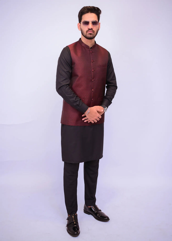 Maroon Jamawar Waistcoat