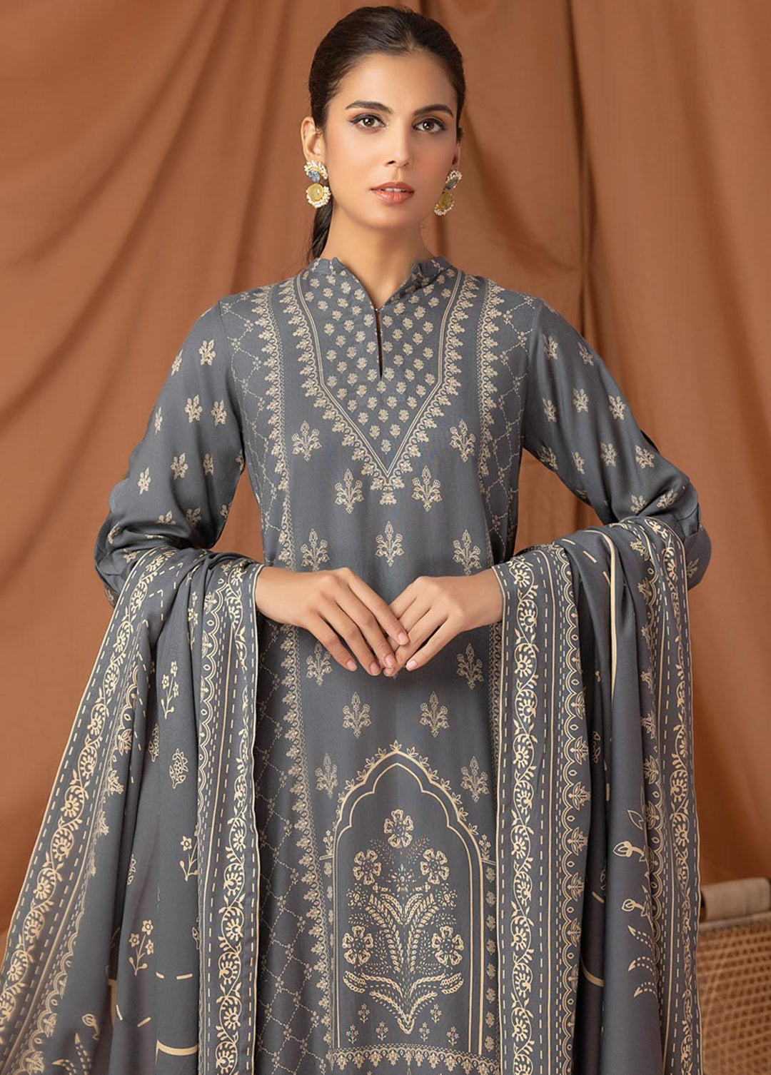 Lakhany Printed Pashmina Suits Unstitched 3 Piece LSM22P PPC-306-C - Winter Collection