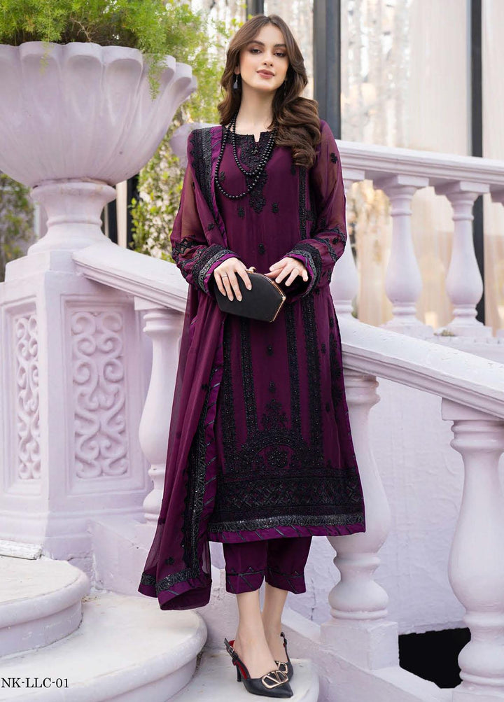 Lallaria By Noorma Kaamal Embroidered Chiffon Suits Unstitched 3 Piece NK23L NK-LLC-01 - Luxury Collection