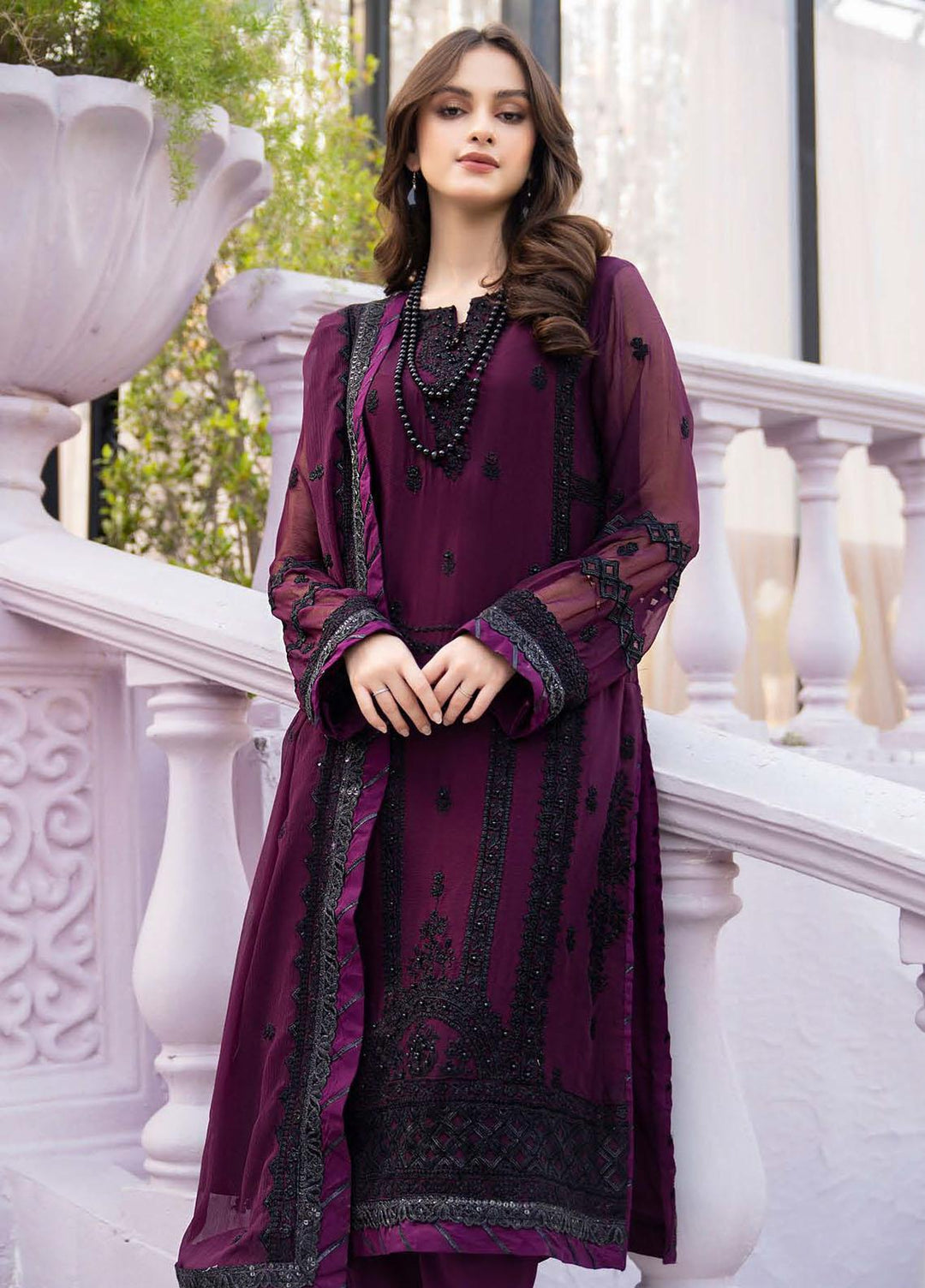 Lallaria By Noorma Kaamal Embroidered Chiffon Suits Unstitched 3 Piece NK23L NK-LLC-01 - Luxury Collection