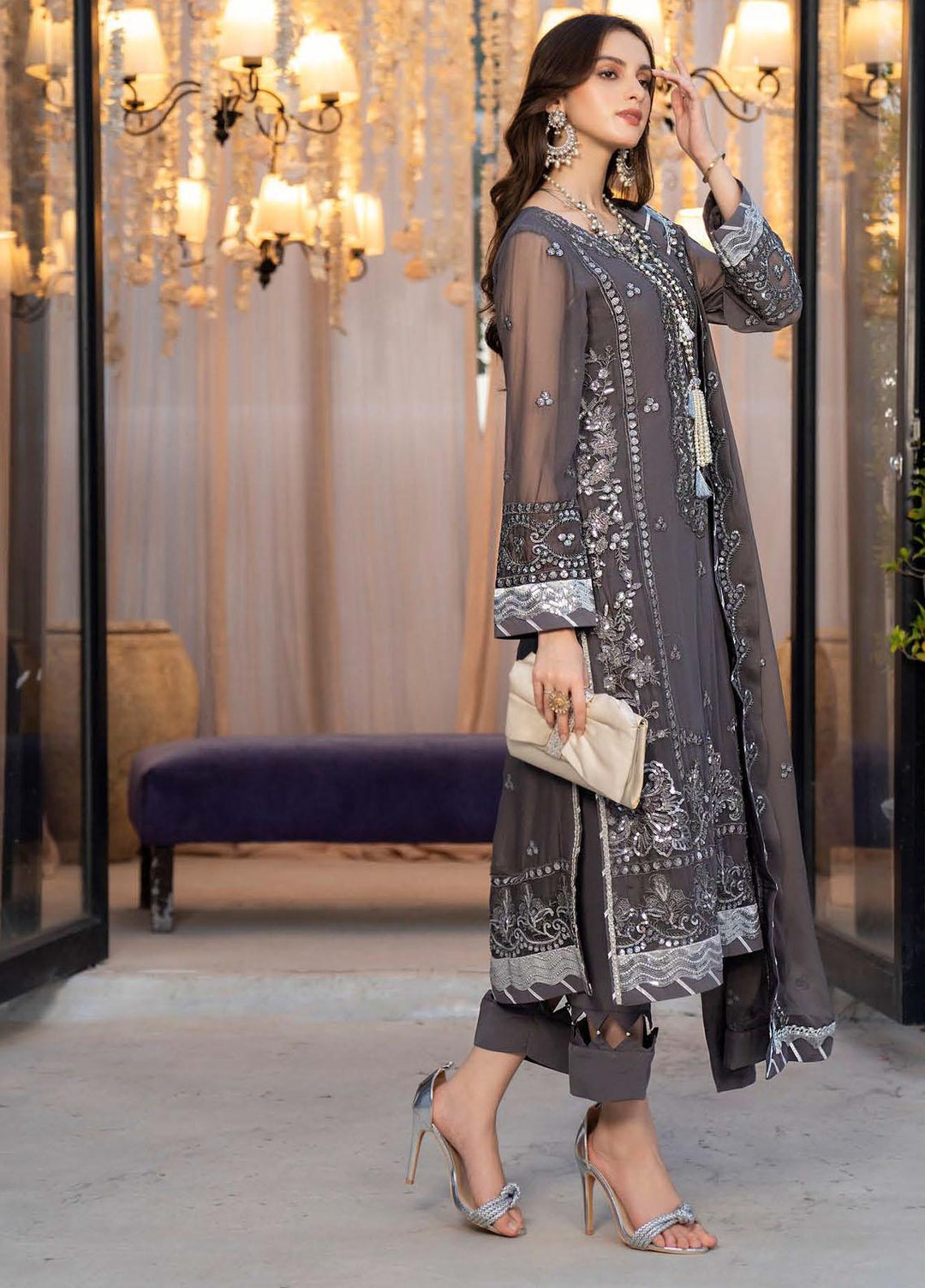 Lallaria By Noorma Kaamal Embroidered Chiffon Suits Unstitched 3 Piece NK23L NK-LLC-07 - Luxury Collection