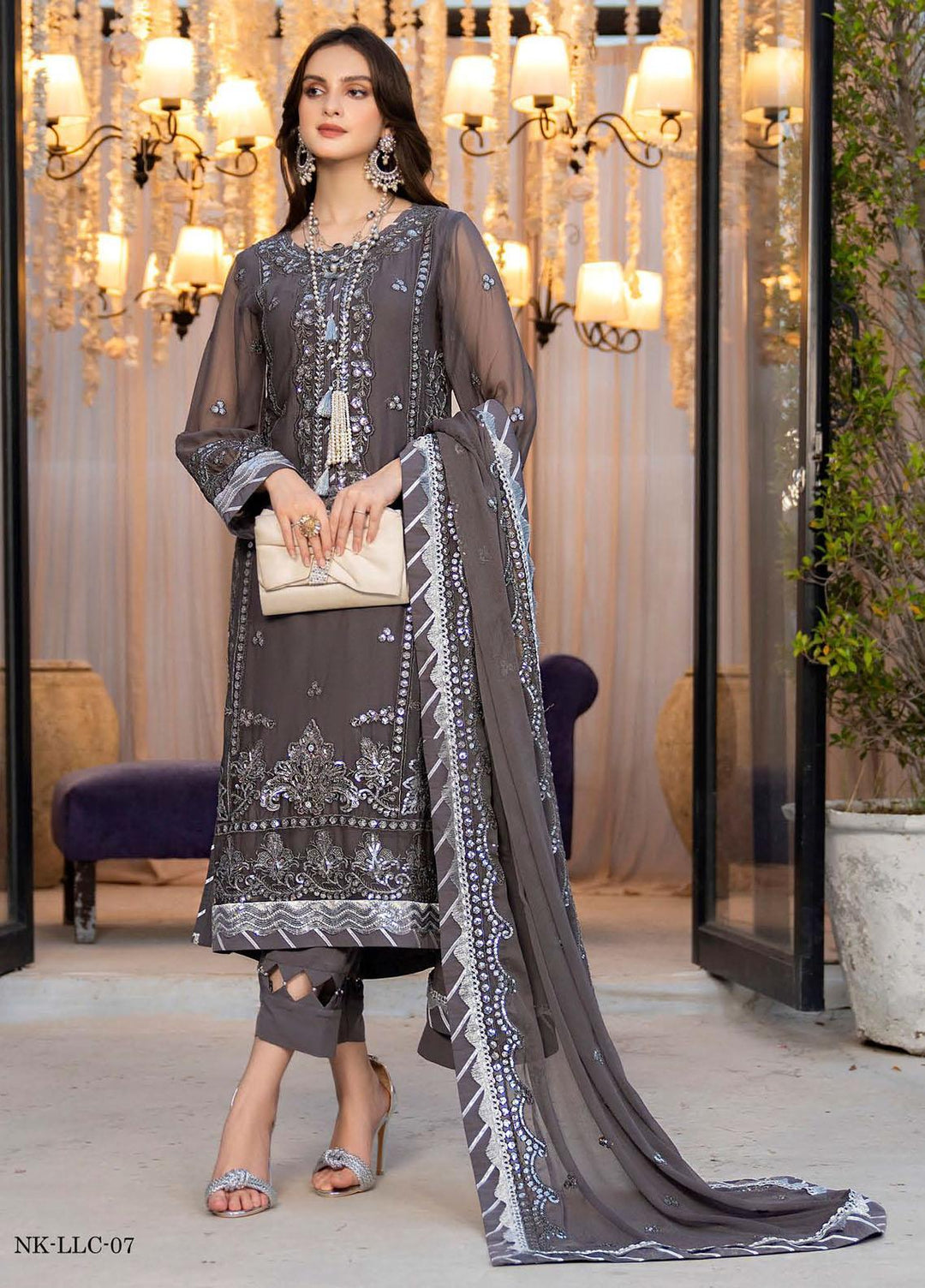 Lallaria By Noorma Kaamal Embroidered Chiffon Suits Unstitched 3 Piece NK23L NK-LLC-07 - Luxury Collection