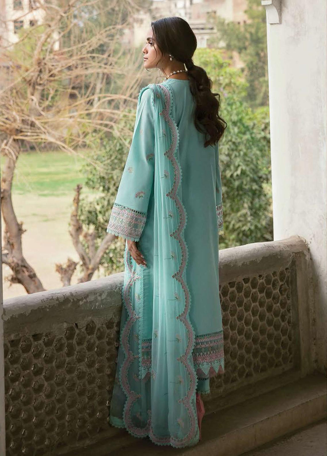 Lamhay By Afrozeh Embroidered Lawn Suits Unstitched 3 Piece AF23L 004 Crystal Cyan - Luxury Collection