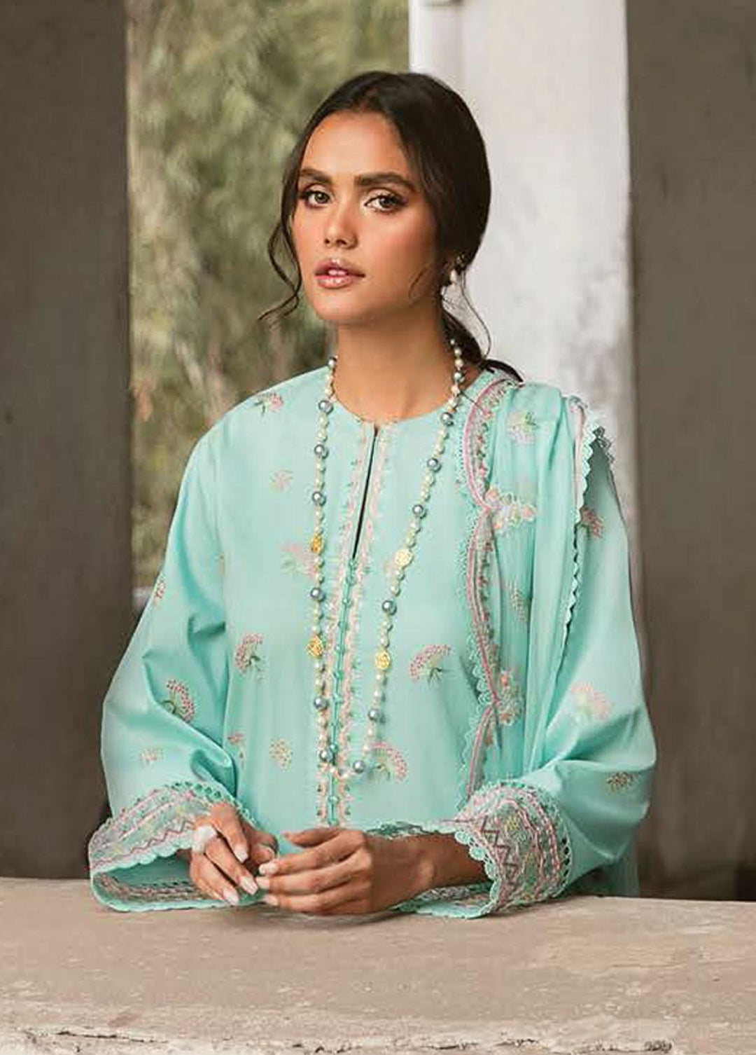 Lamhay By Afrozeh Embroidered Lawn Suits Unstitched 3 Piece AF23L 004 Crystal Cyan - Luxury Collection