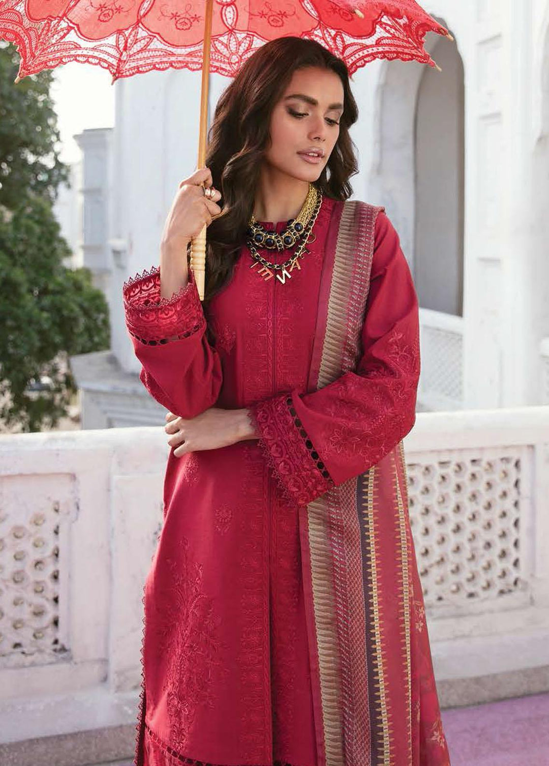 Lamhay By Afrozeh Embroidered Lawn Suits Unstitched 3 Piece AF23L 008 Crimson - Luxury Collection