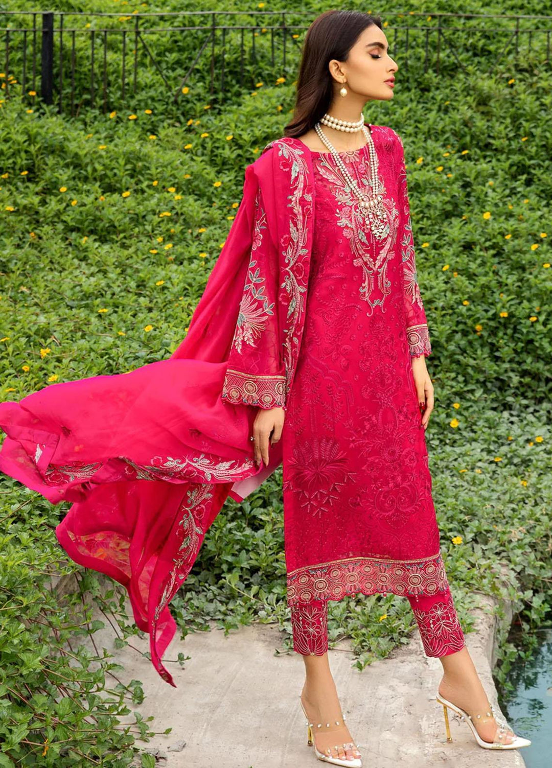 Lamhe By Meeral Embroidered Chiffon Suits Unstitched 3 Piece MRL24LM D-04 Rungrez - Formal Collection