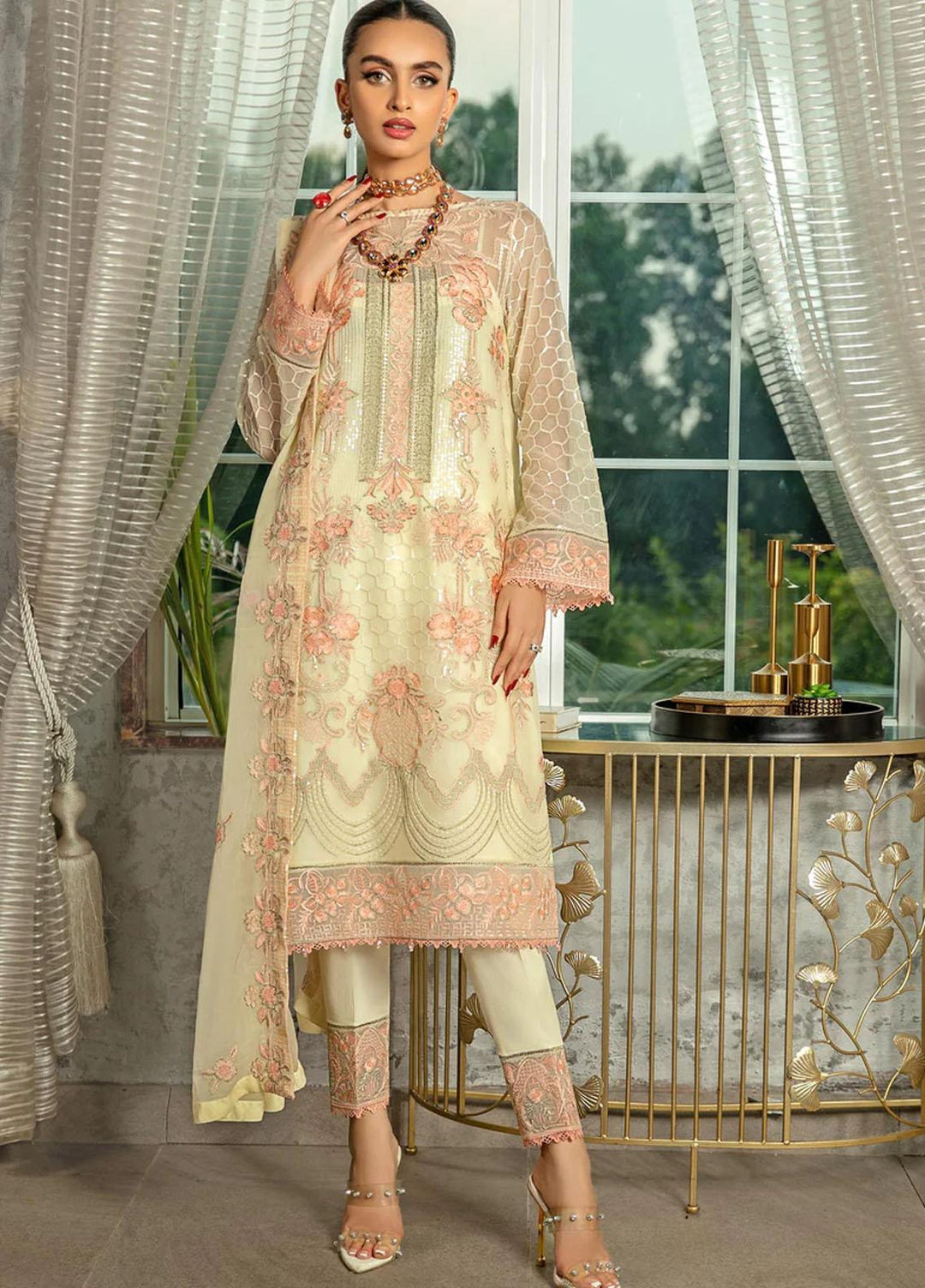 Lamhe By Meeral Embroidered Chiffon Suits Unstitched 3 Piece MRL24LM D-05 Jasmine - Formal Collection