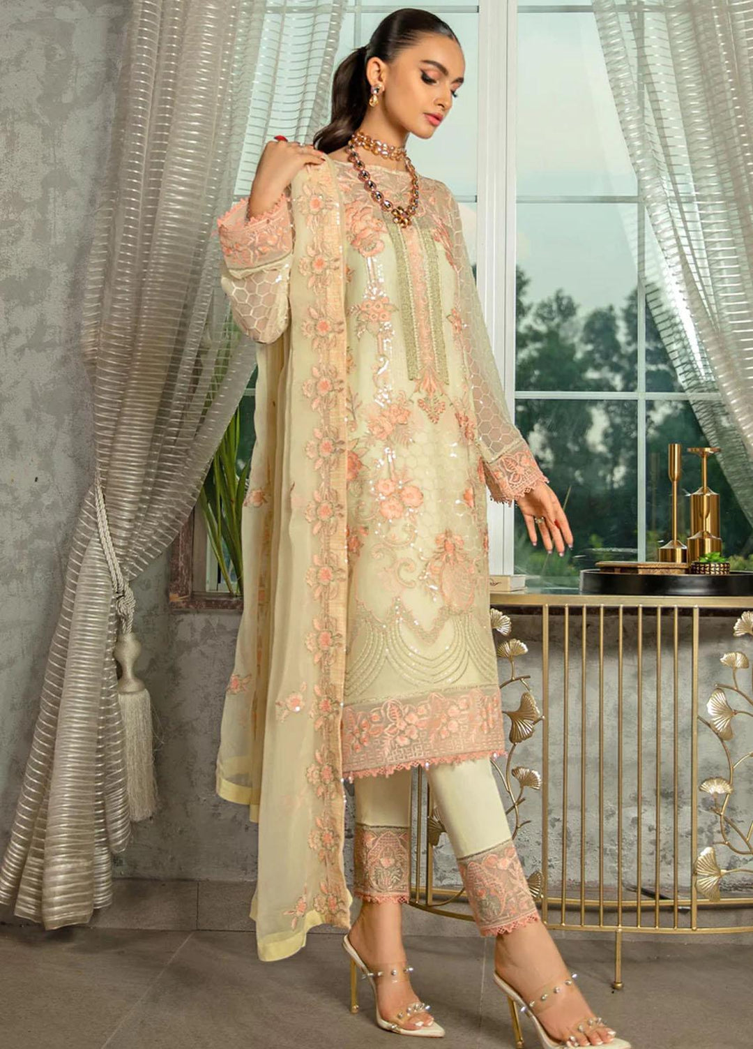 Lamhe By Meeral Embroidered Chiffon Suits Unstitched 3 Piece MRL24LM D-05 Jasmine - Formal Collection