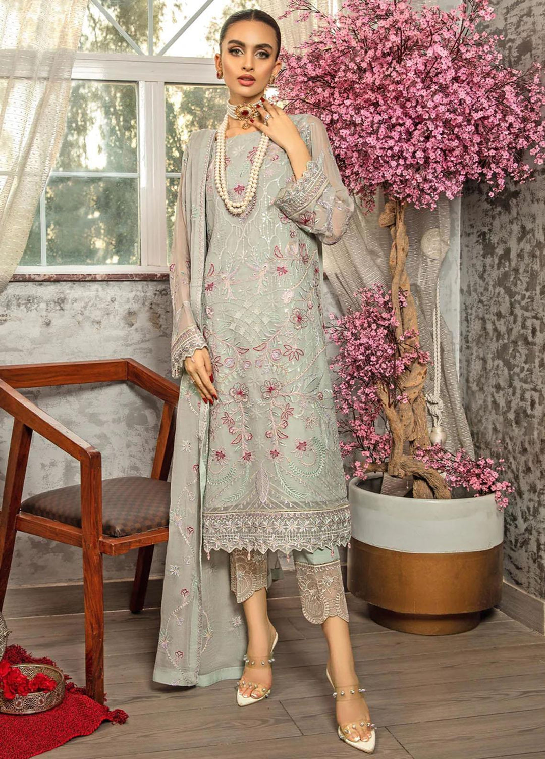 Lamhe By Meeral Embroidered Chiffon Suits Unstitched 3 Piece MRL24LM D-06 Shamrock - Formal Collection