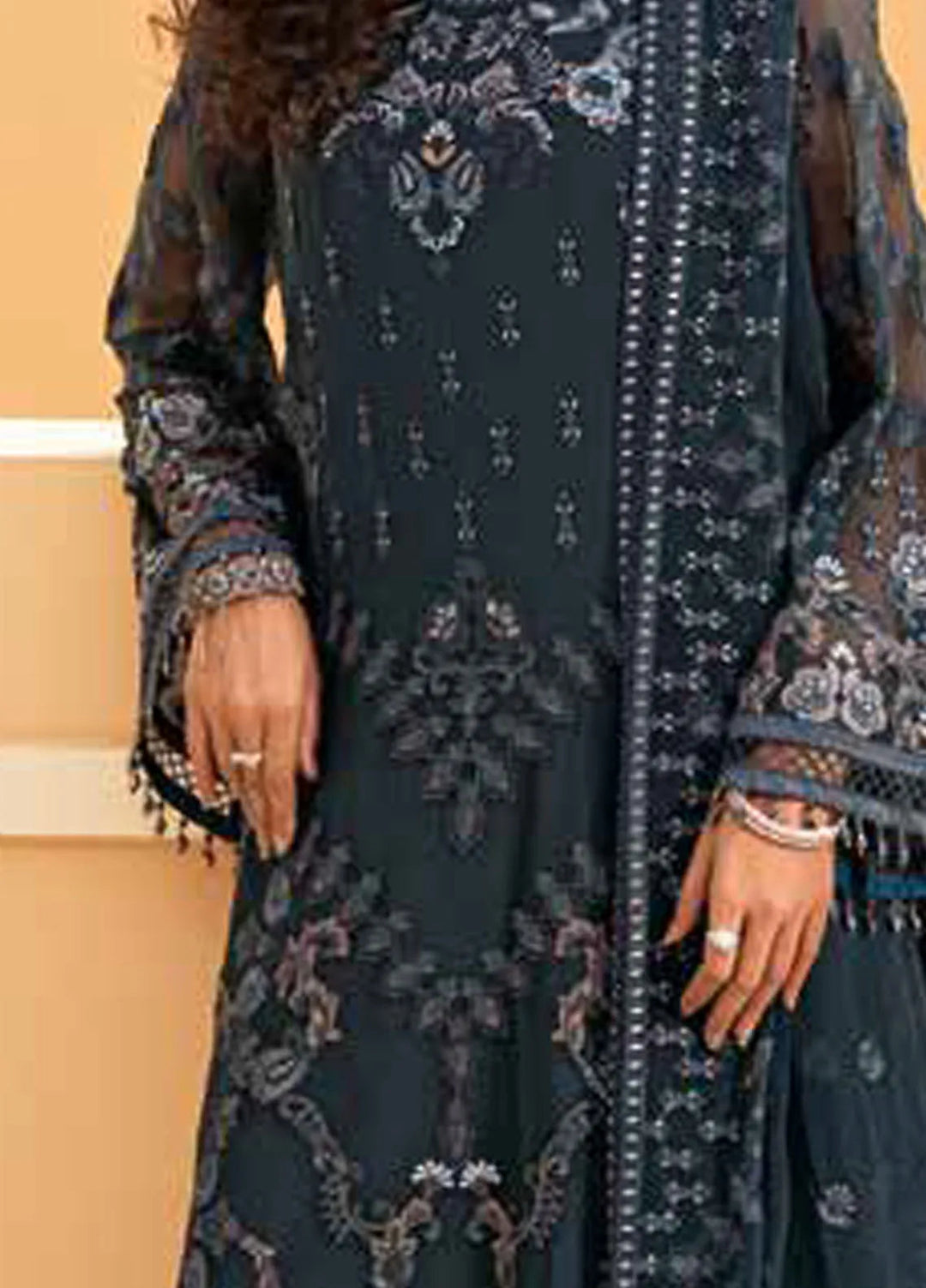 Lamisah by Lavish Premium Embroidered Chiffon Suits Unstitched 3 Piece LVP25LF D-03 Midnight Blue - Formals Collection