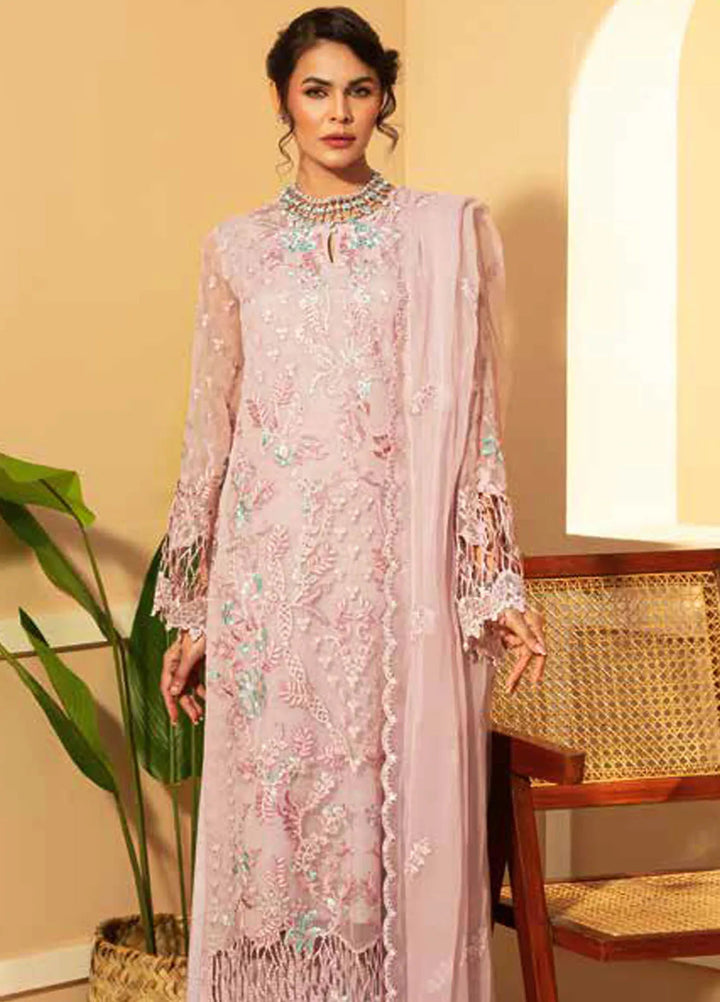 Lamisah by Lavish Premium Embroidered Chiffon Suits Unstitched 3 Piece LVP25LF D-08 Queen Pink - Formals Collection
