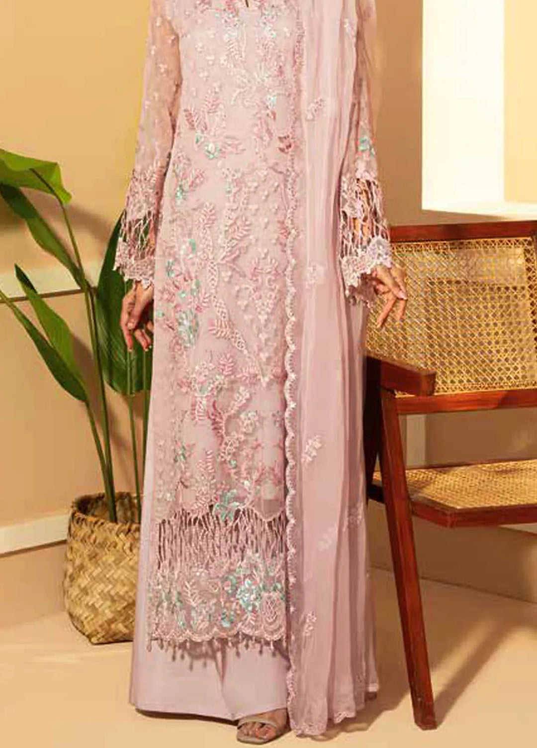 Lamisah by Lavish Premium Embroidered Chiffon Suits Unstitched 3 Piece LVP25LF D-08 Queen Pink - Formals Collection