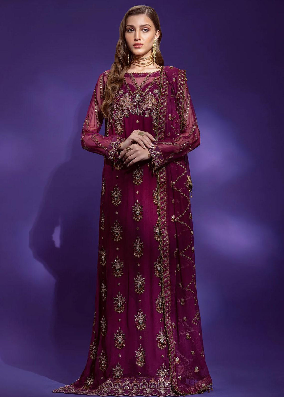 Lamour By Emaan Adeel Embroidered Chiffon Suits Unstitched 3 Piece EA22L LR-01 - Luxury Collection