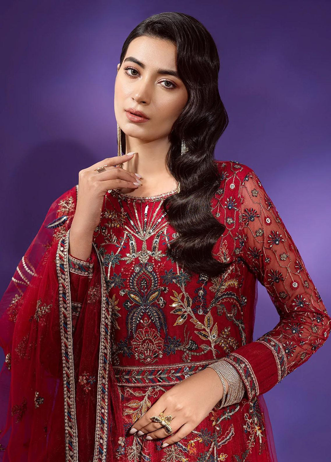 Lamour By Emaan Adeel Embroidered Net Suits Unstitched 3 Piece EA22L LR-02 - Luxury Collection