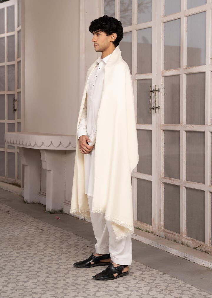 Muraqsh Ready To Wear Solids  Men Off White Wool Shawl ABD-OWWSTD - Winter Collection