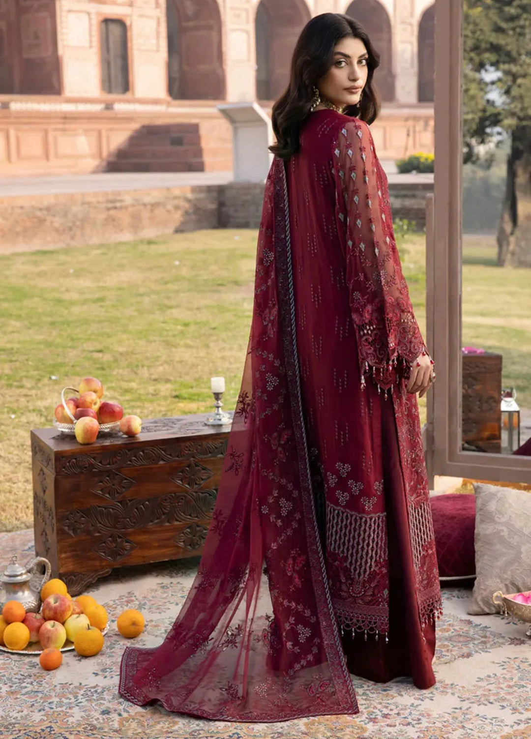 Lavish Premium Embroidered Chiffon Suits Unstitched 3 Piece LVP25UL D-04 Burgundy - Formal Collection