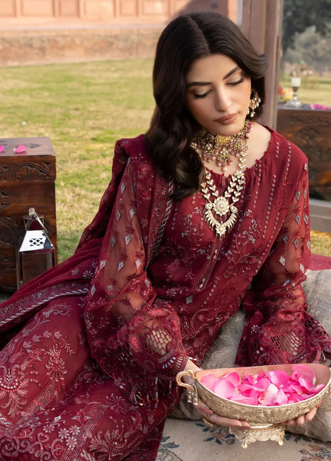 Lavish Premium Embroidered Chiffon Suits Unstitched 3 Piece LVP25UL D-04 Burgundy - Formal Collection