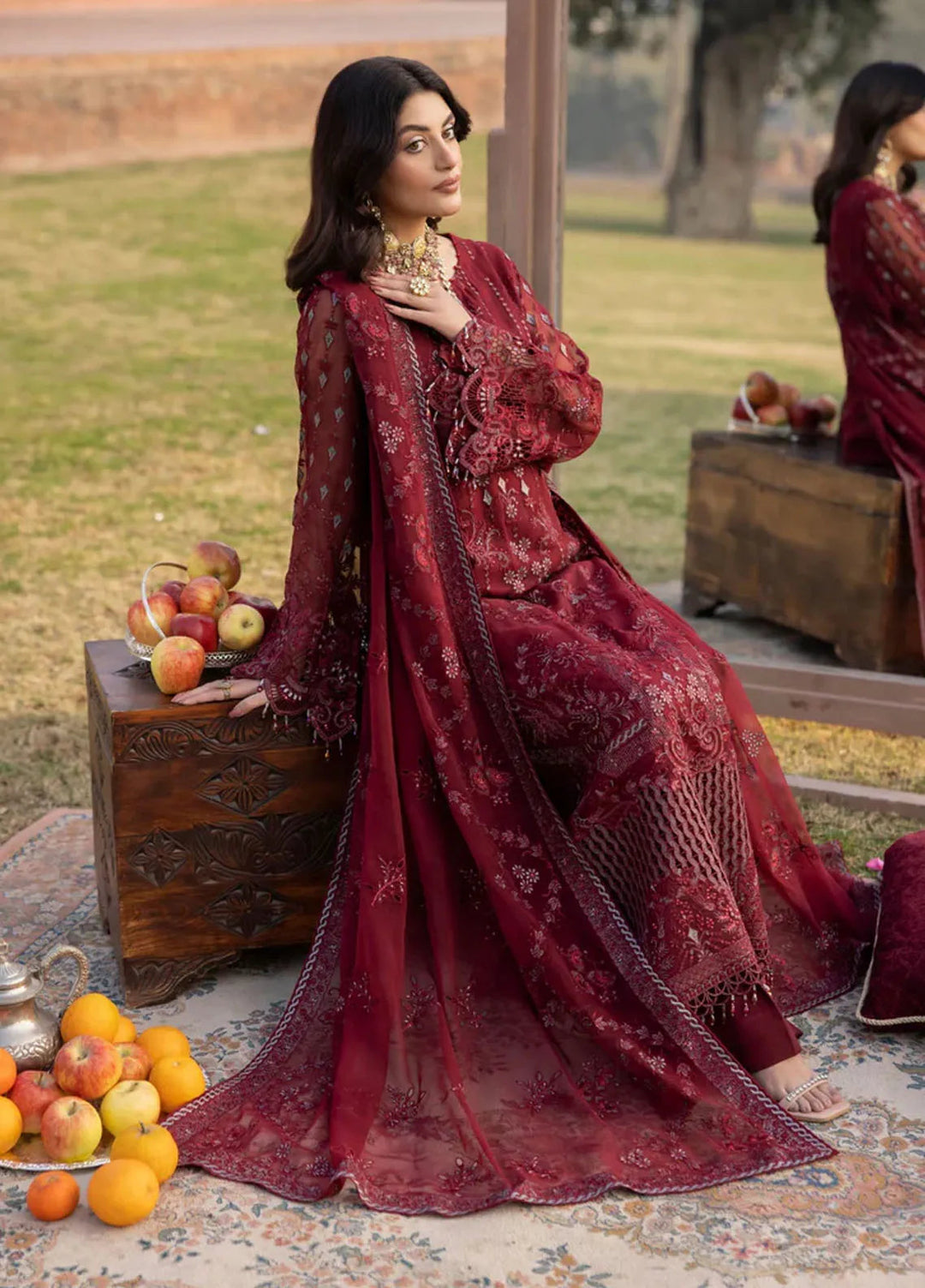 Lavish Premium Embroidered Chiffon Suits Unstitched 3 Piece LVP25UL D-04 Burgundy - Formal Collection