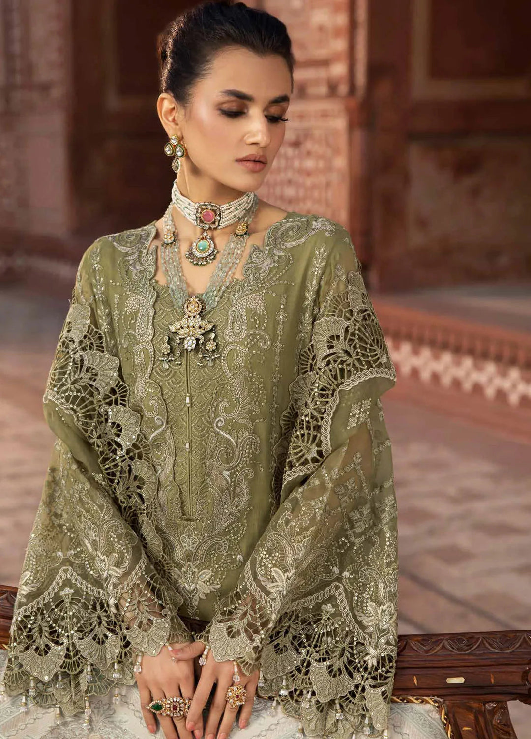 Lavish Premium Embroidered Chiffon Suits Unstitched 3 Piece LVP25UL D-07 Dark Tan - Formal Collection