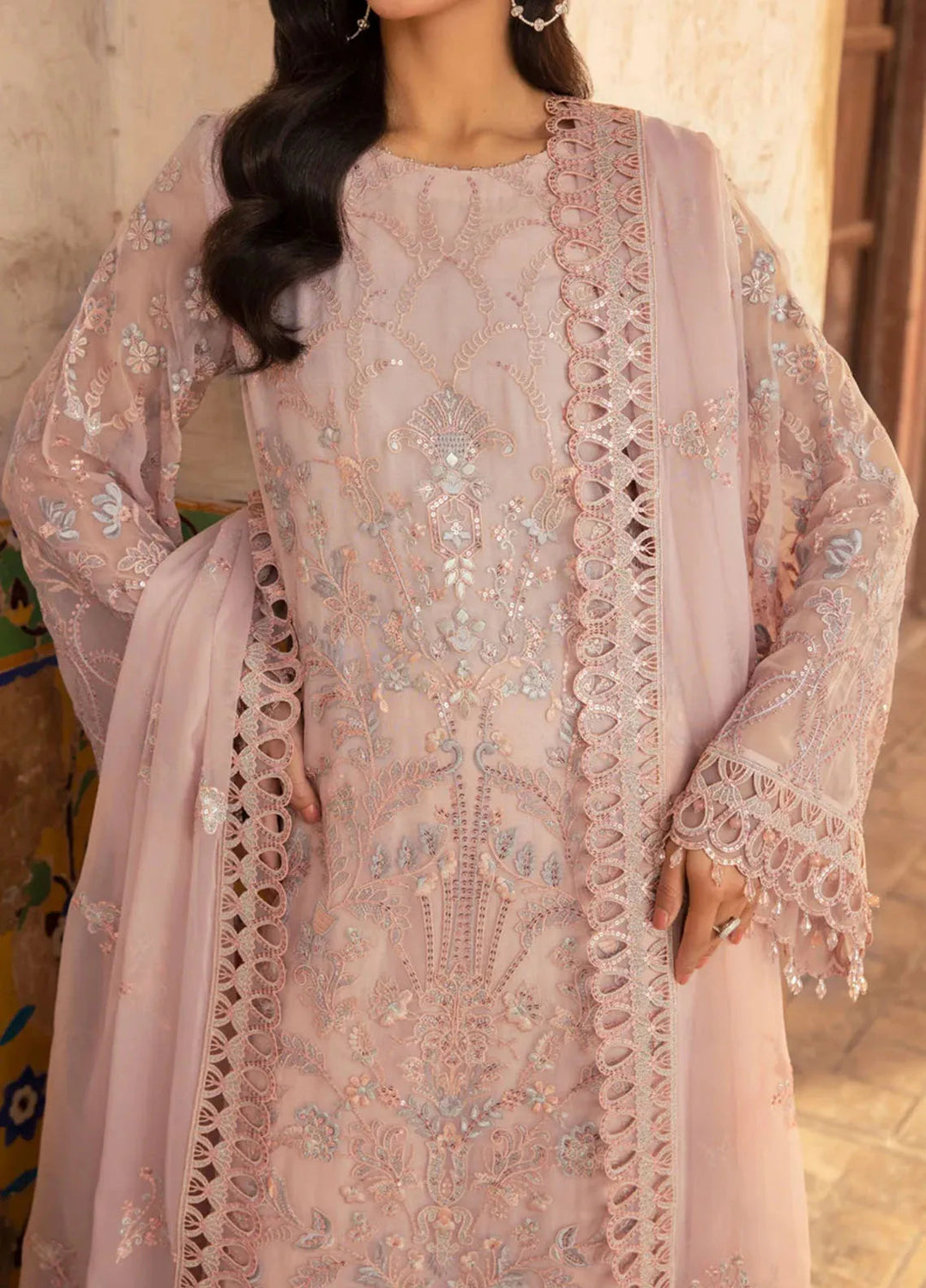 Lavish Premium Embroidered Chiffon Suits Unstitched 3 Piece LVP25UL D-08 Chilaen Pink - Formal Collection