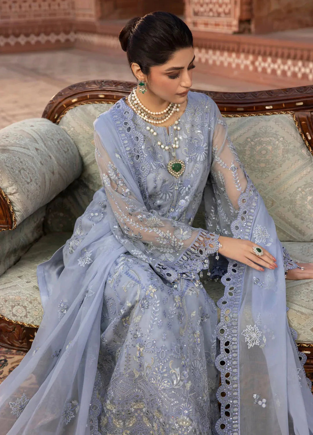 Lavish Premium Embroidered Chiffon Suits Unstitched 3 Piece LVP25UL D-10 Blue Haze - Formal Collection