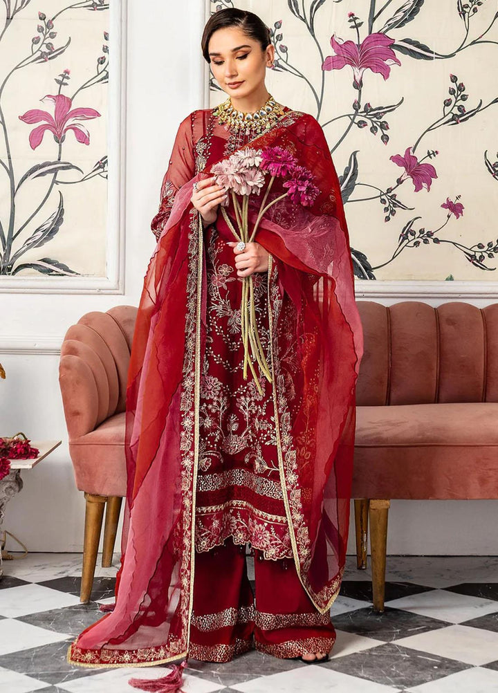 Lehriya By Meeral Embroidered Organza Suits Unstitched 3 Piece MRL24L Qirmiz - Formal Collection