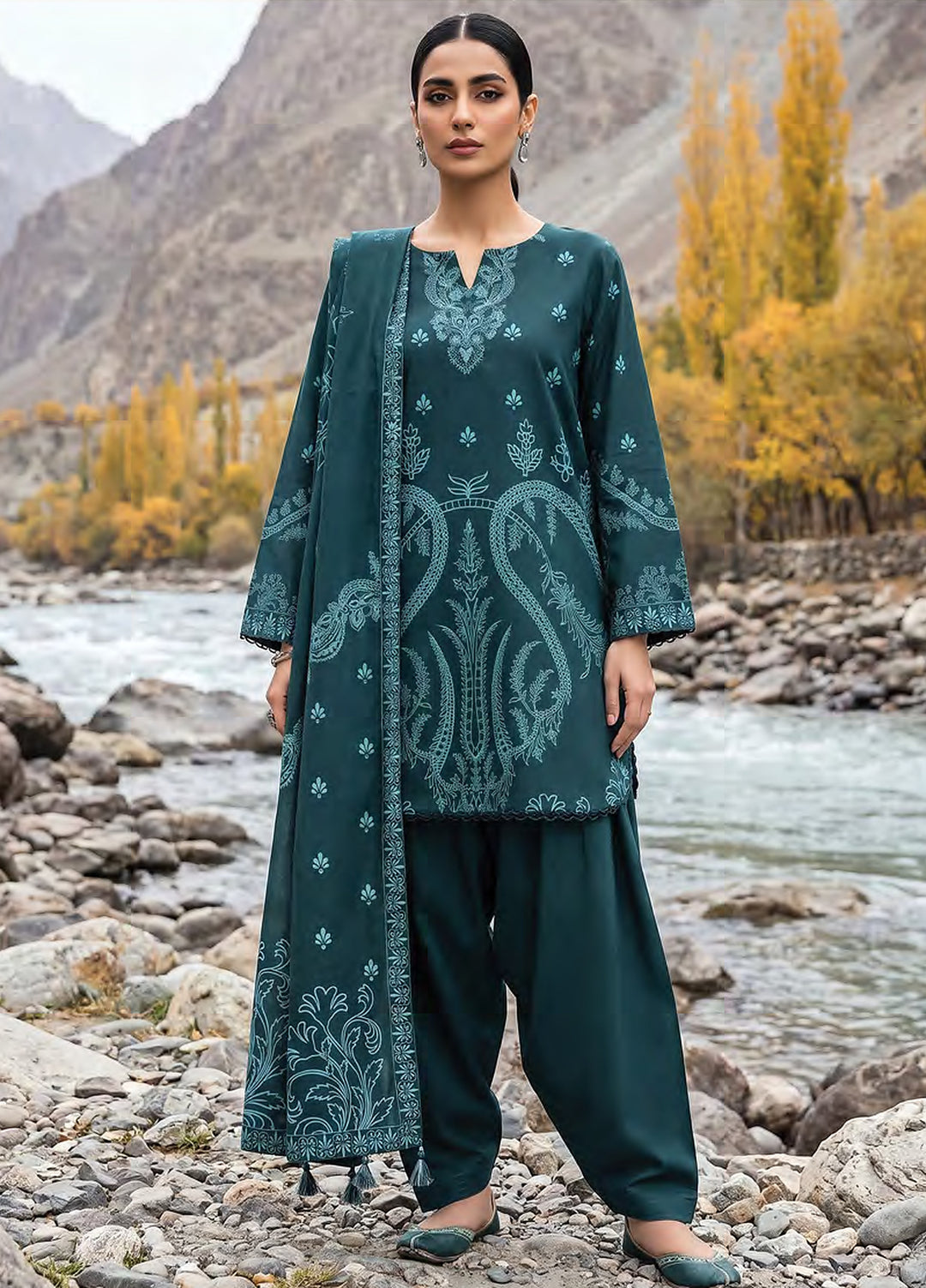 Lakhany Unstitched Printed Pashmina 3 Piece Suit LSM26UP LG-RK-0192-B - Casual Collection
