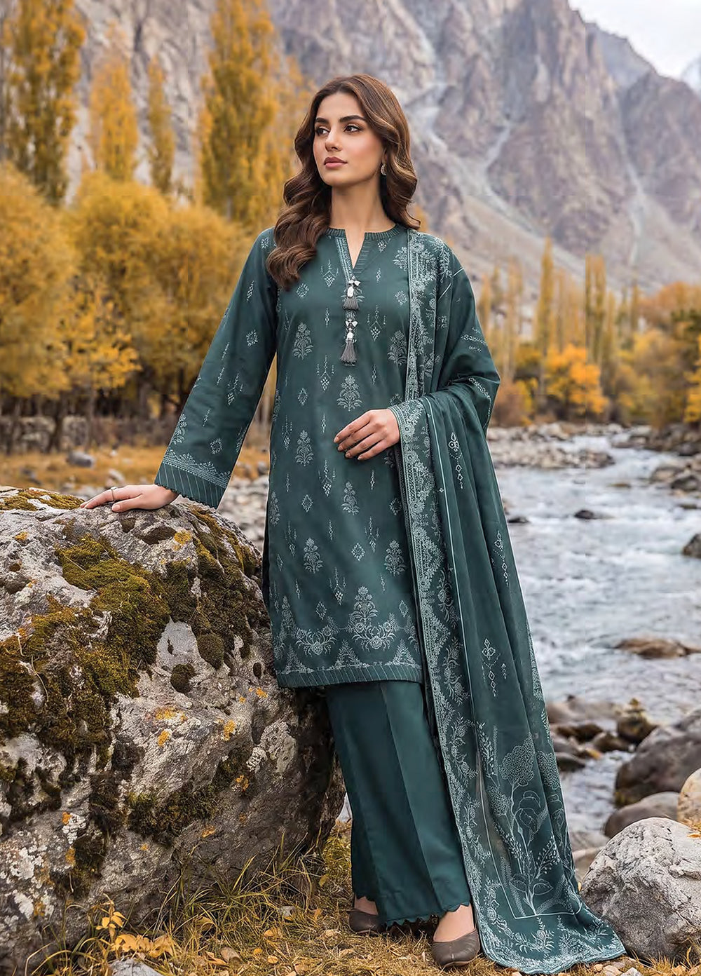 Lakhany Unstitched Printed Pashmina 3 Piece Suit LSM26UP LG-SG-0160-B - Casual Collection