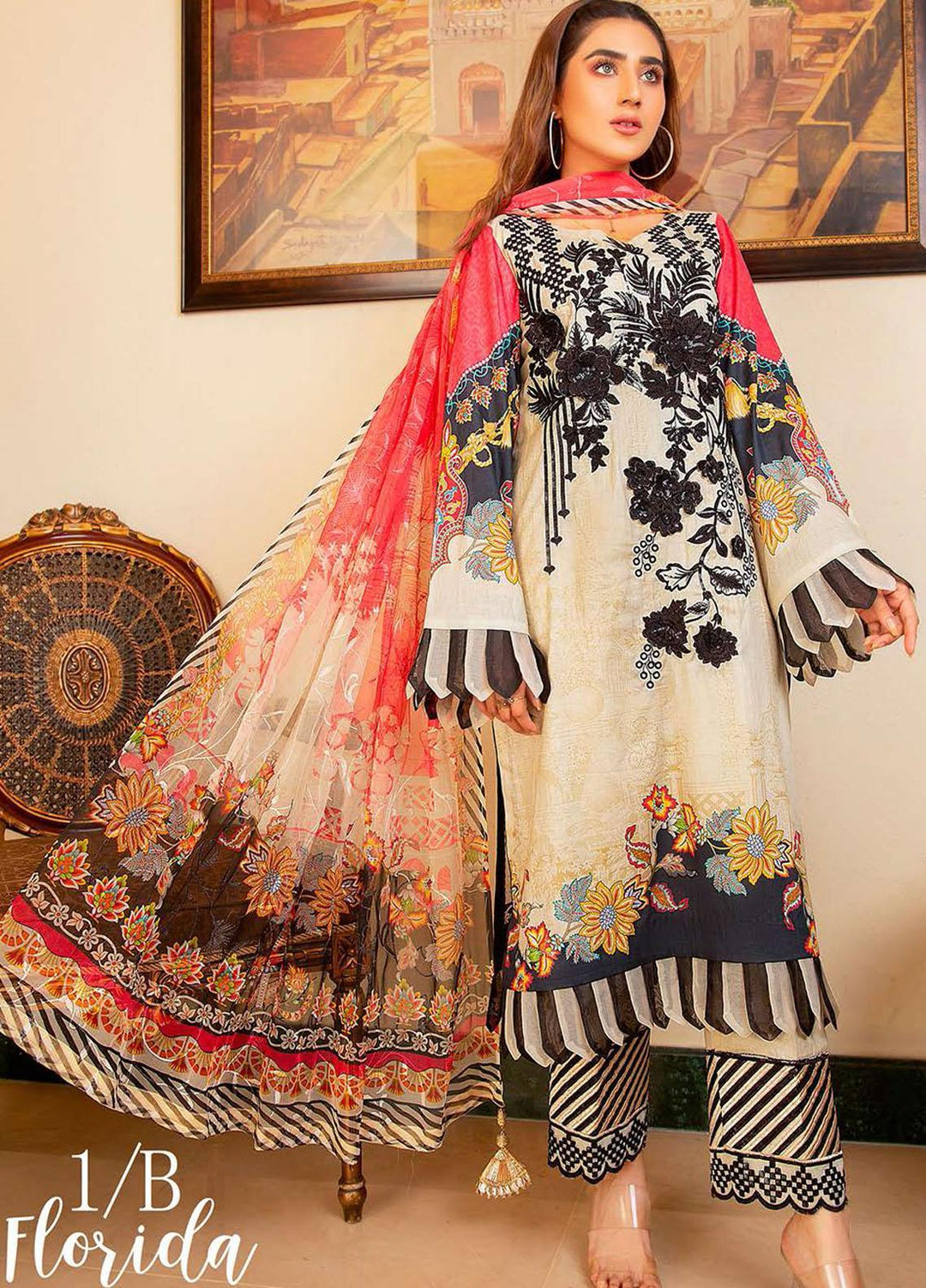 Libaas Embroidered Lawn Suits Unstitched 3 Piece LB21E 1B Florida - Eid Collection