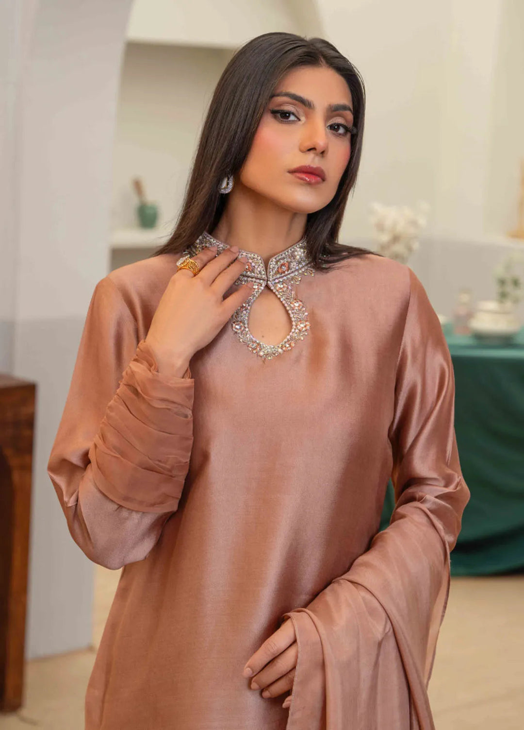 Louis by Hadia Batool Pret Embroidered Mirror Silk 3 Piece Suit Noele